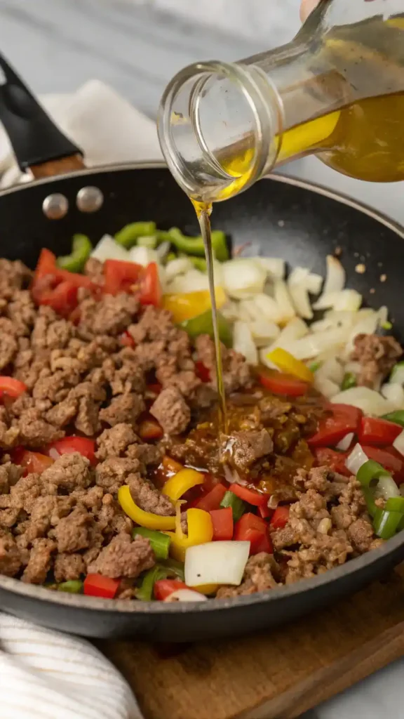 Ground beef browning in a skillet with colorful vegetables.