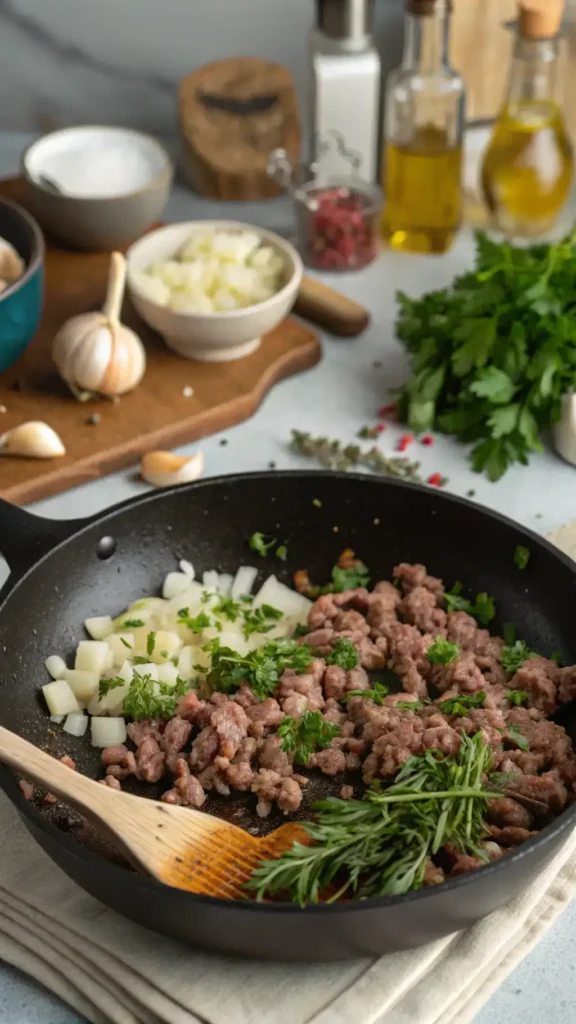 A skillet with sautéed ground lamb, garlic, and onions, garnished with fresh herbs.