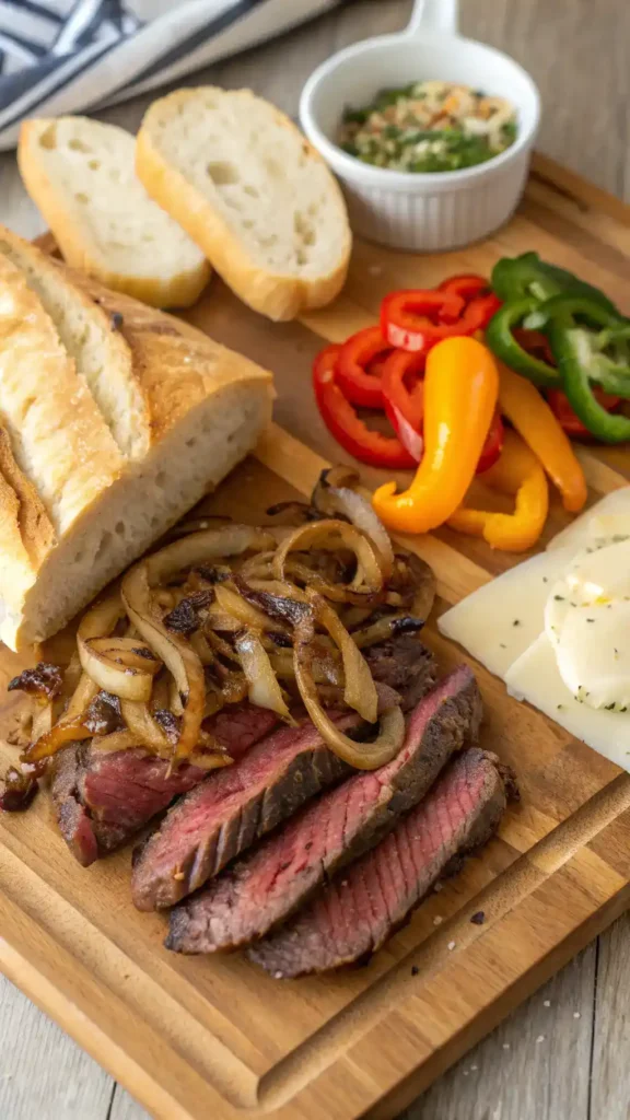 Ingredients for a delicious steak sandwich displayed on a cutting board.