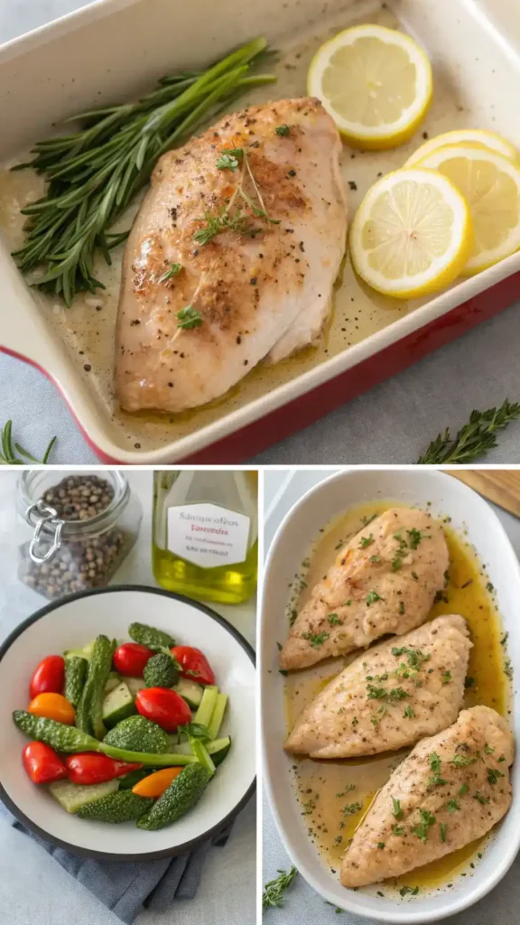 Step-by-step process of making baked chicken breast, showing seasoned chicken in a baking dish.