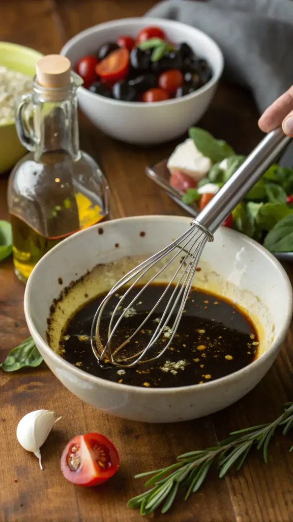 A step-by-step process of making balsamic vinaigrette with ingredients displayed.