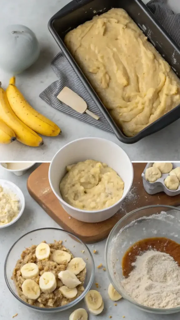 Step-by-step process of making banana bread without eggs, showcasing ingredients and mixing.