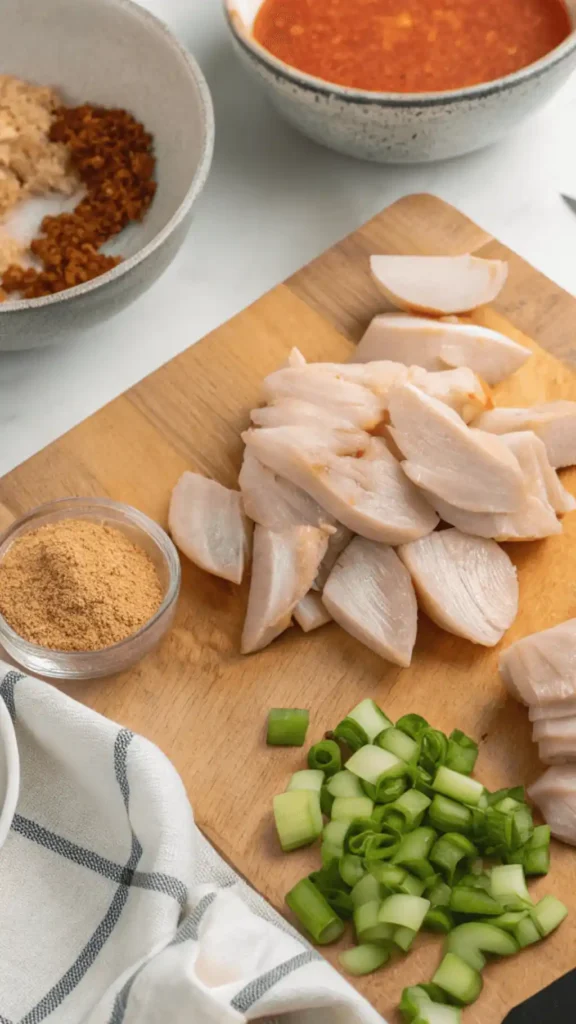 Step-by-step process of making Bang Bang Chicken, including ingredients and cooking methods.