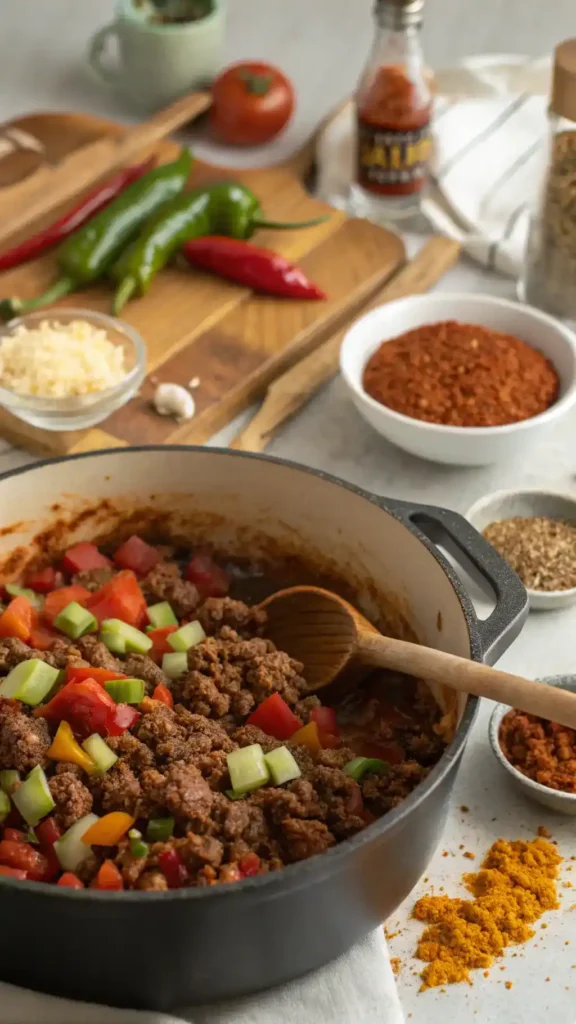 A pot of simmering beef chili with colorful vegetables and spices, showcasing the cooking process.
