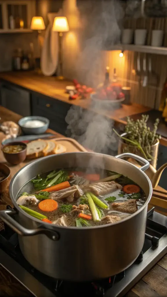 A pot of simmering bone broth with vegetables, steam rising in a cozy kitchen.