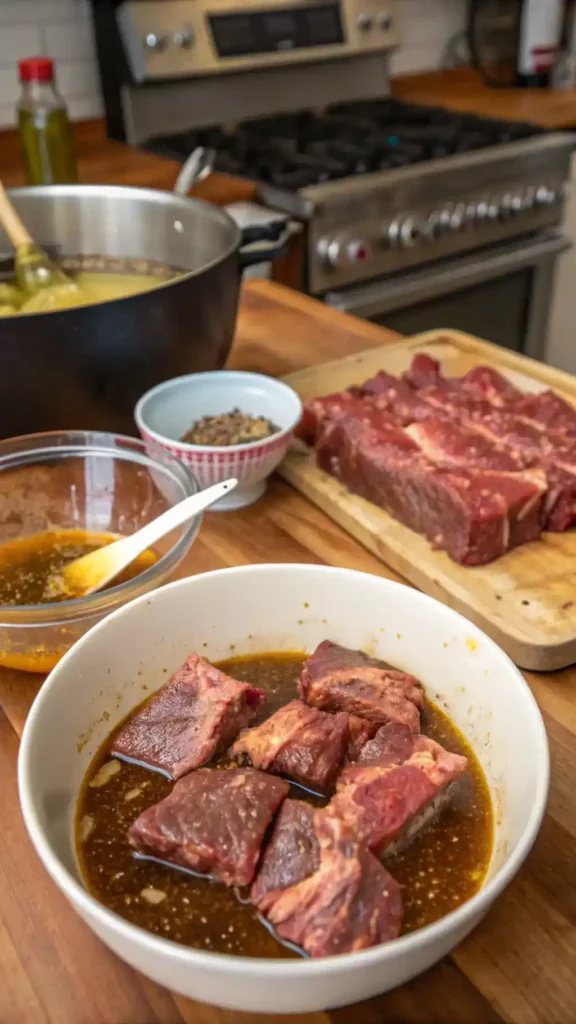 Step-by-step process of making boneless beef ribs with ingredients laid out.