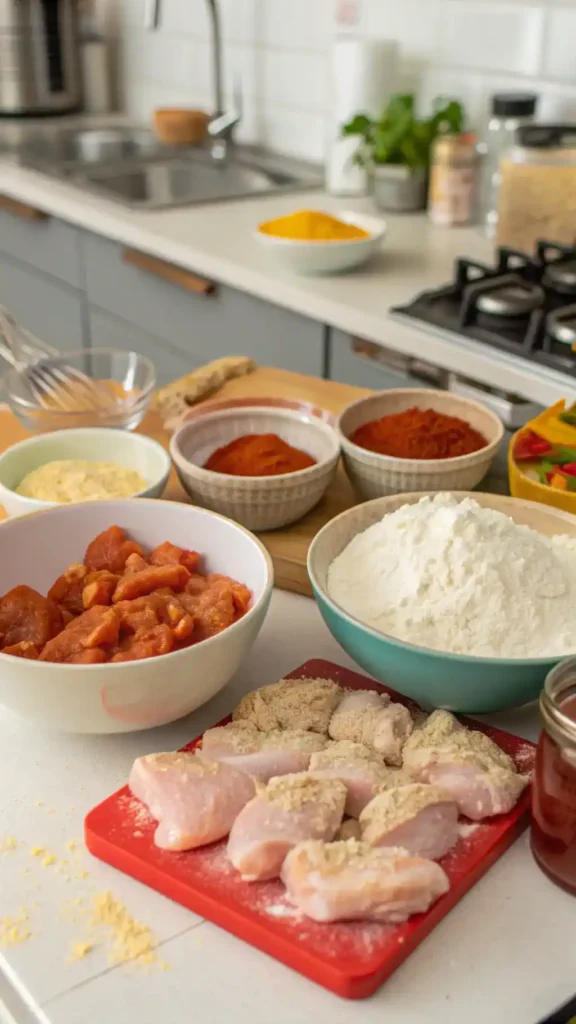 Step-by-step process of making boneless wings with ingredients laid out.