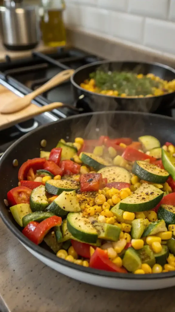 A colorful calabacitas dish being sautéed in a skillet with fresh vegetables.