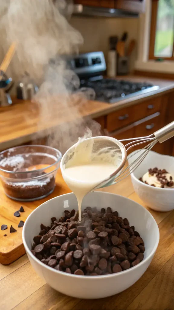 A step-by-step guide to making chocolate ganache, showcasing ingredients and tools.