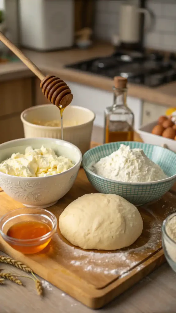 A step-by-step process of making cottage cheese bread, showcasing ingredients and mixing bowls.