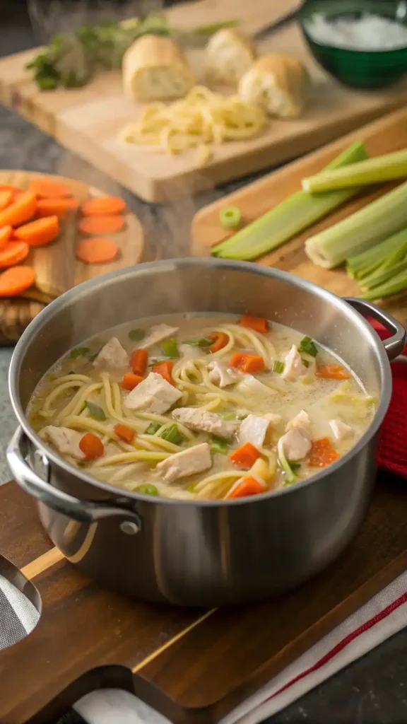 A pot of creamy chicken noodle soup with fresh ingredients around it.