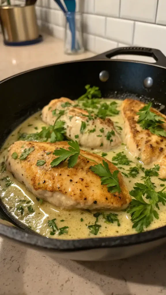 Skillet with creamy garlic chicken breast being prepared.