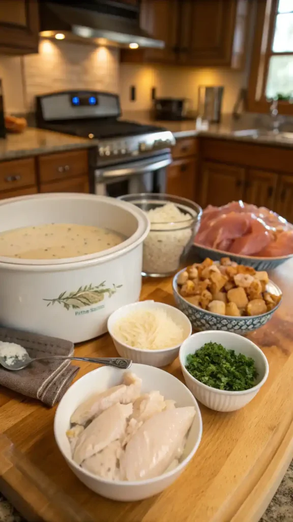 Step-by-step process of making Crockpot Chicken and Gravy with ingredients laid out.