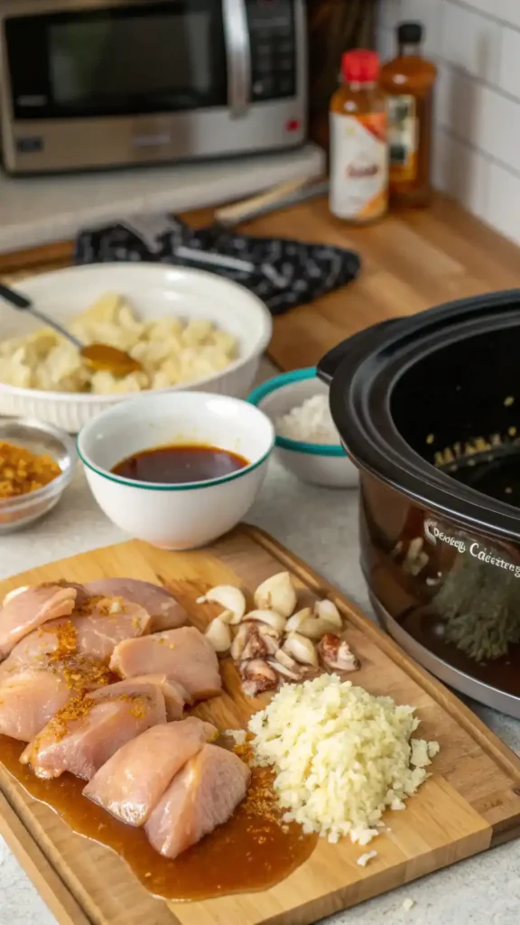 Step-by-step process of making Crockpot Honey Garlic Chicken with ingredients displayed.