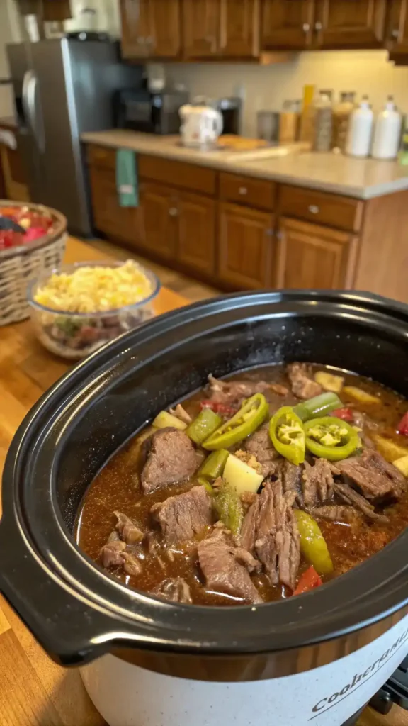 A delicious Crockpot Mississippi Pot Roast with ingredients laid out on a kitchen counter.