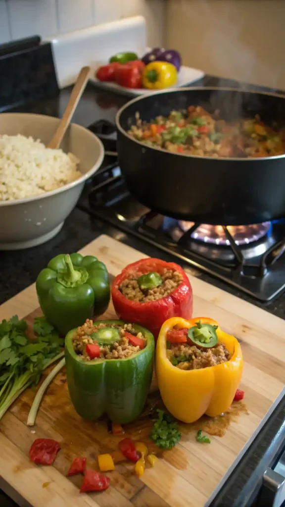 Preparation of Dad's Stuffed Bell Peppers with colorful bell peppers, cooked rice, and sautéed vegetables.