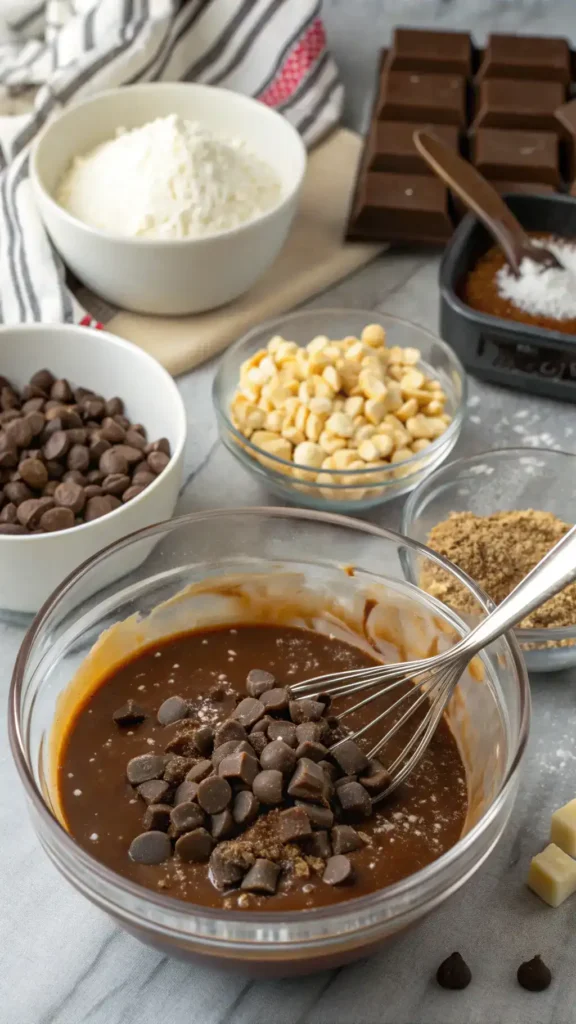 Step-by-step process of making Dubai chocolate bars with ingredients like dark chocolate, condensed milk, and nuts.