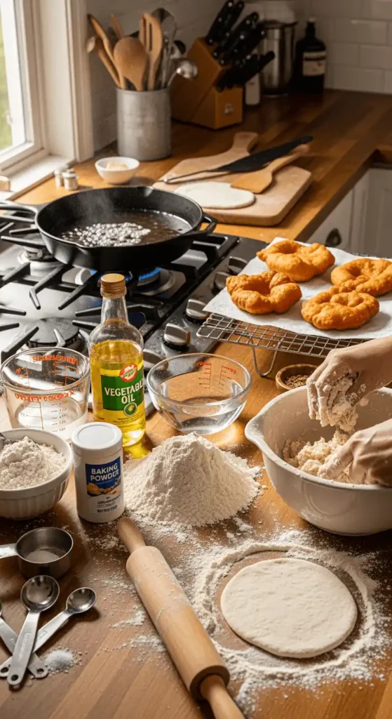 A step-by-step process of making fried bread, showcasing ingredients and preparation steps.
