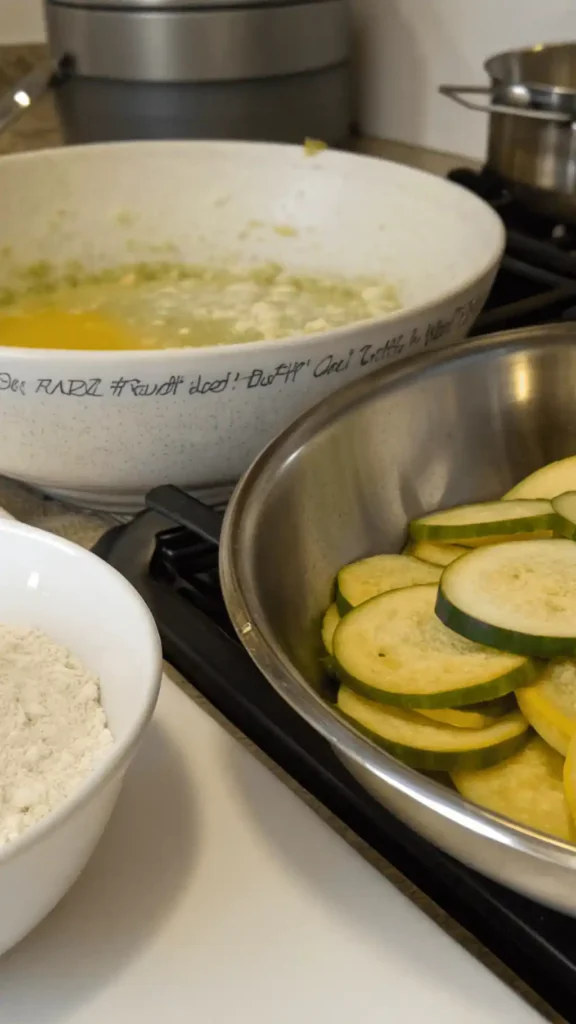 Ingredients and steps for making fried squash, including fresh squash and frying oil.