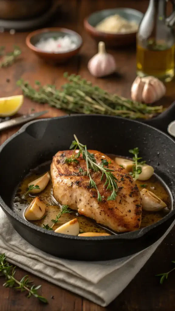 A skillet with perfectly seared Garlic Butter Chicken Breast, garnished with fresh herbs and garlic cloves.