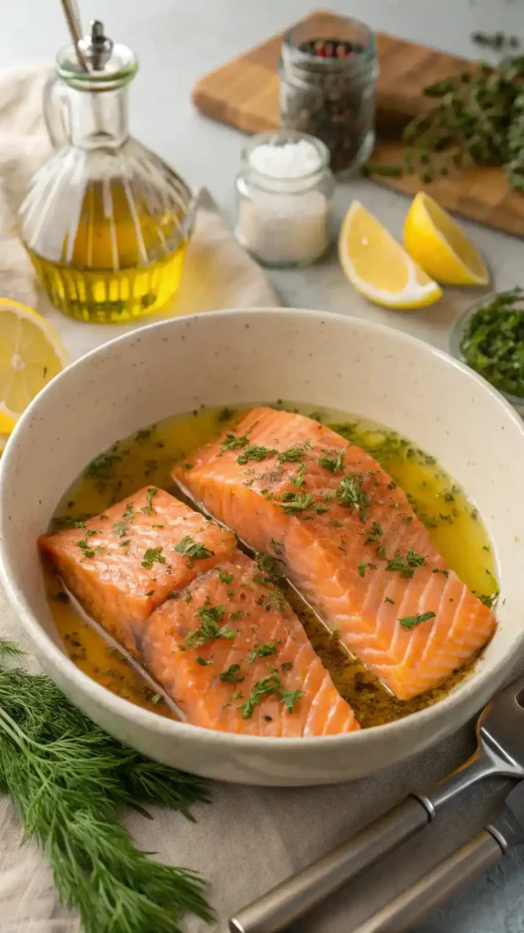 A step-by-step guide to making grilled salmon, showcasing ingredients and preparation.
