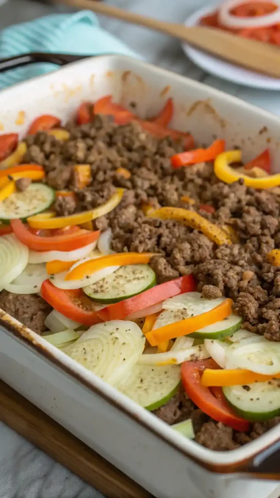 A step-by-step preparation of Ground Beef Casserole, showcasing the cooking process.