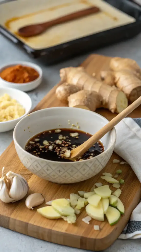 A bowl of homemade hibachi sauce being mixed with a wooden spoon, surrounded by fresh ingredients.