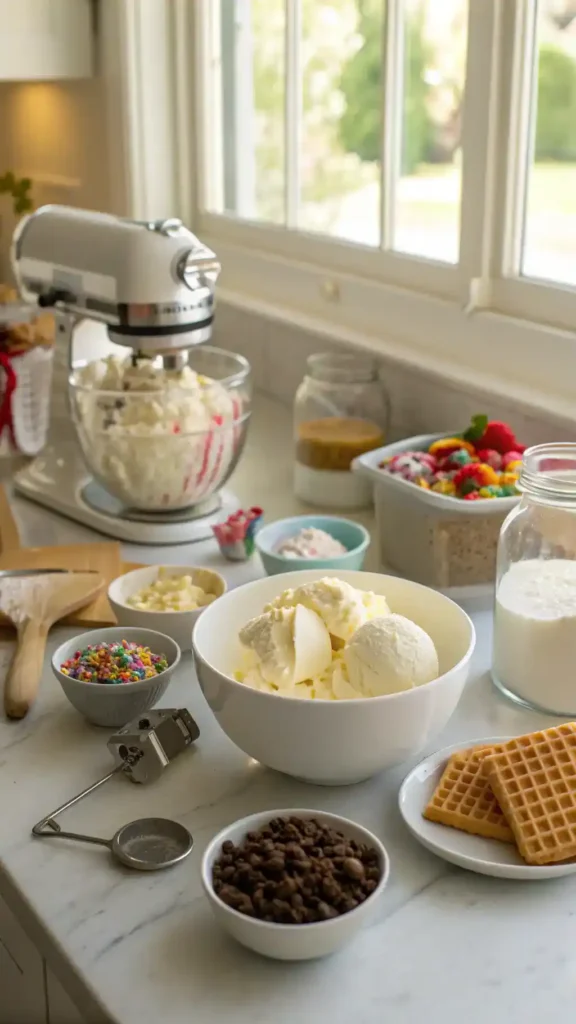A step-by-step guide to making homemade ice cream with ingredients displayed.