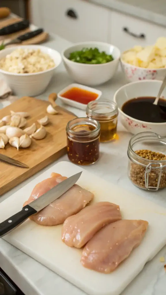 Ingredients and preparation steps for Honey Garlic Chicken Breast, including chicken, honey, garlic, and soy sauce.