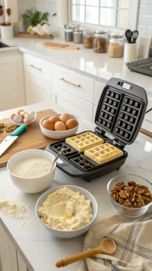 A step-by-step process of making keto waffles with ingredients laid out on a kitchen counter.