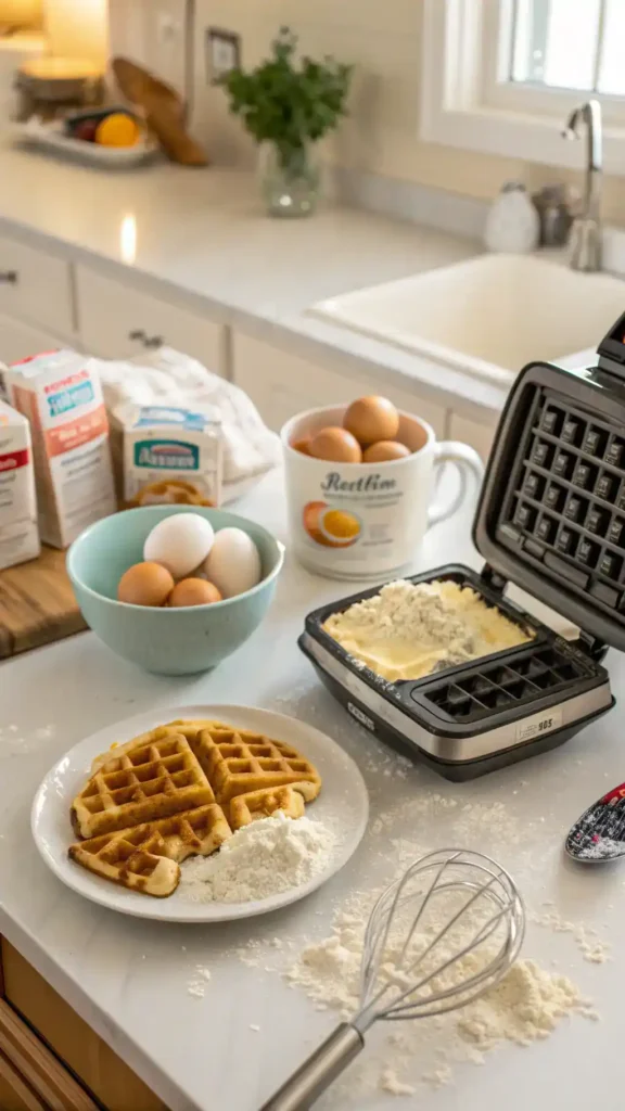 A step-by-step process of making Krusteaz waffles with ingredients laid out.