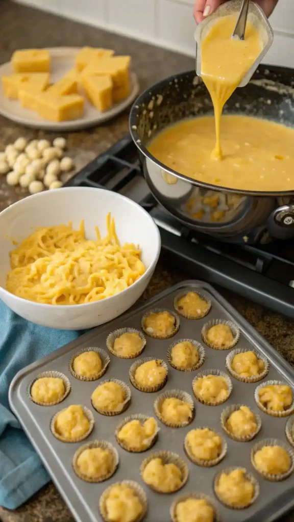 Step-by-step process of making mac and cheese bites, including cooking pasta and preparing cheese sauce.