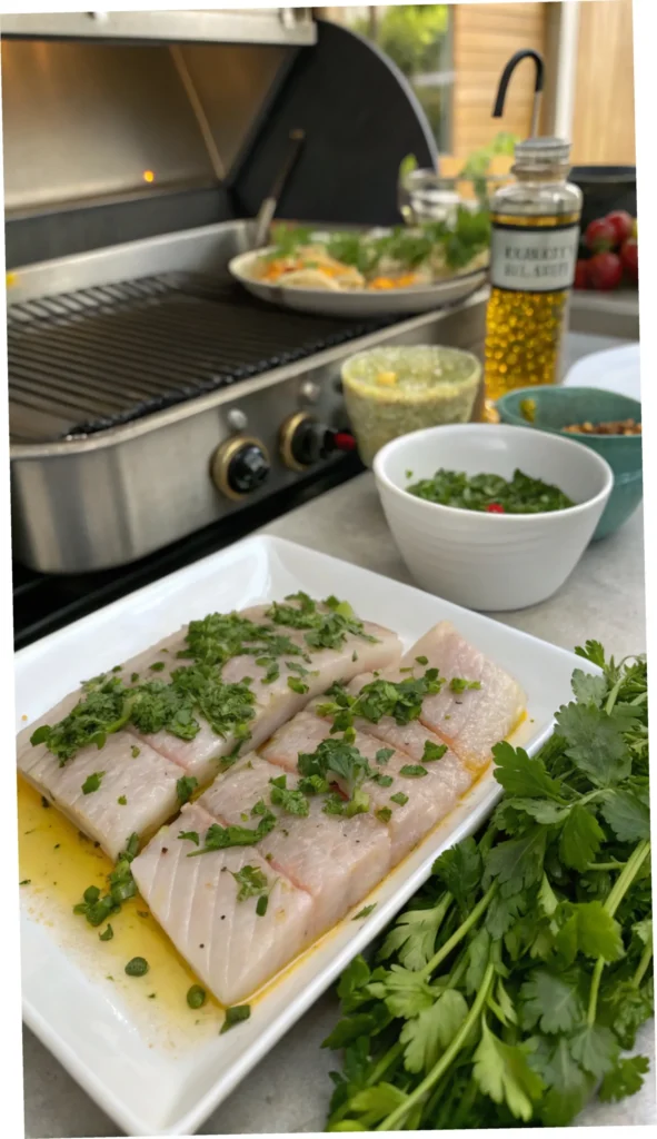 Step-by-step process of making a mahi mahi dish with marinated fillets and fresh herbs.