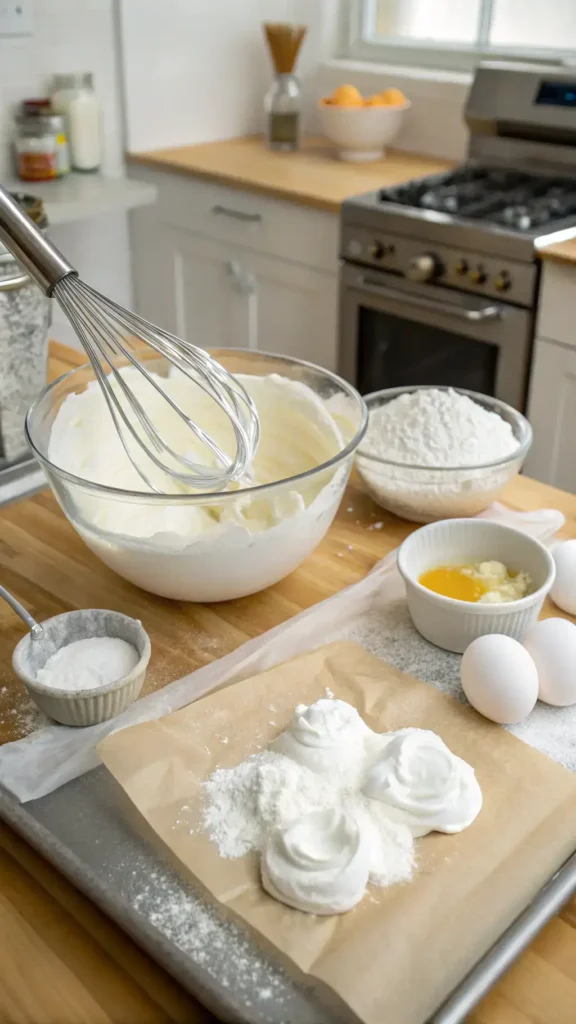 Step-by-step process of making meringue in a bright kitchen.