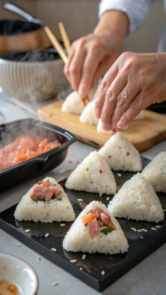 A step-by-step process of making onigiri rice balls, showcasing the ingredients and shaping technique.