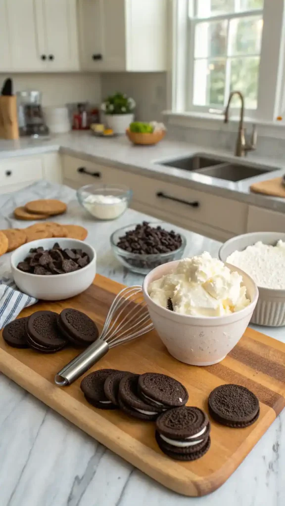 Ingredients and steps to make Oreo fluff, including crushed Oreos and cream cheese.