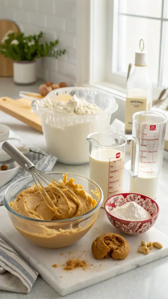 A step-by-step process of making peanut butter icing with ingredients displayed.