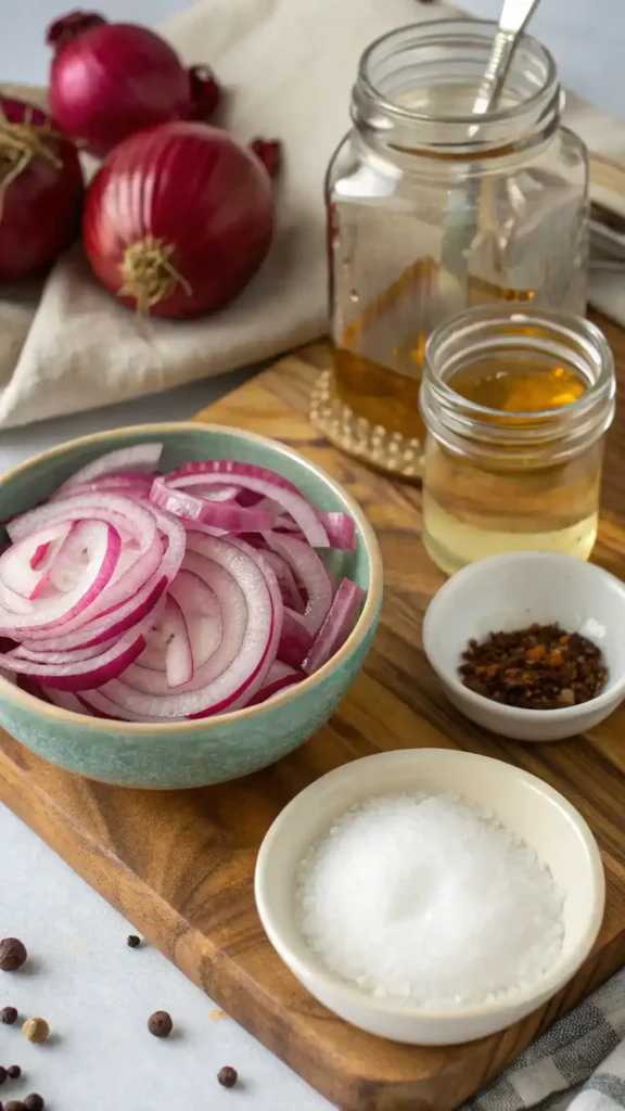 Step-by-step process of making pickled red onions with ingredients and tools.
