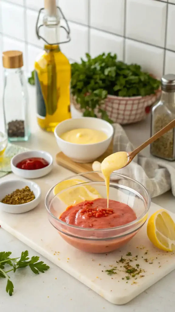A step-by-step guide to making pink sauce with ingredients displayed in a bright kitchen.