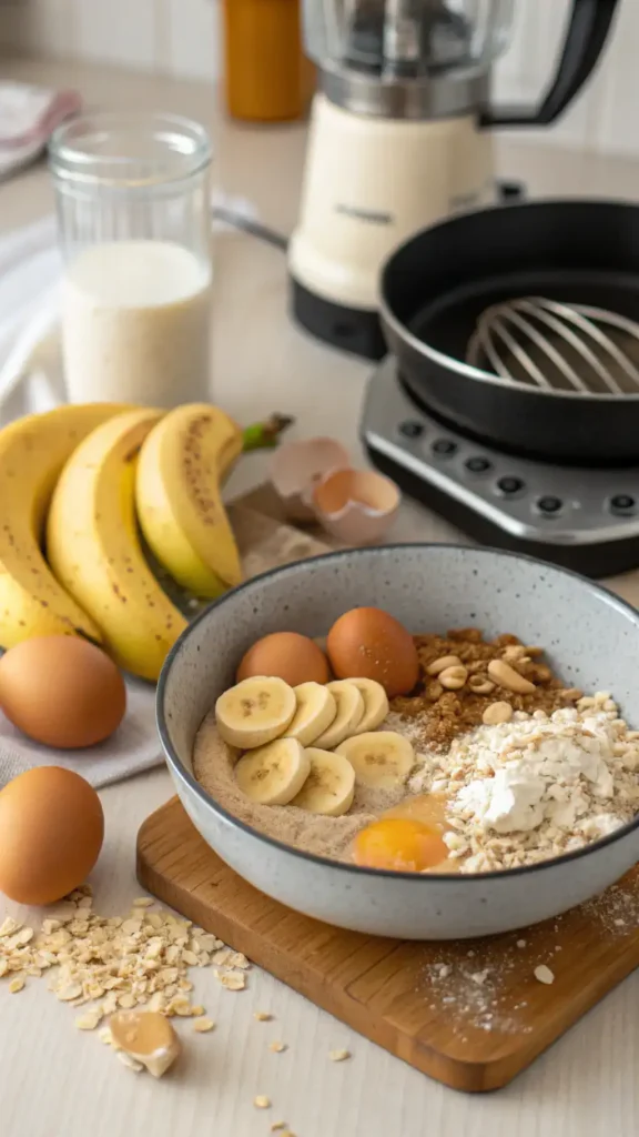 Ingredients and tools for making protein pancakes, including oats, banana, eggs, and a blender.
