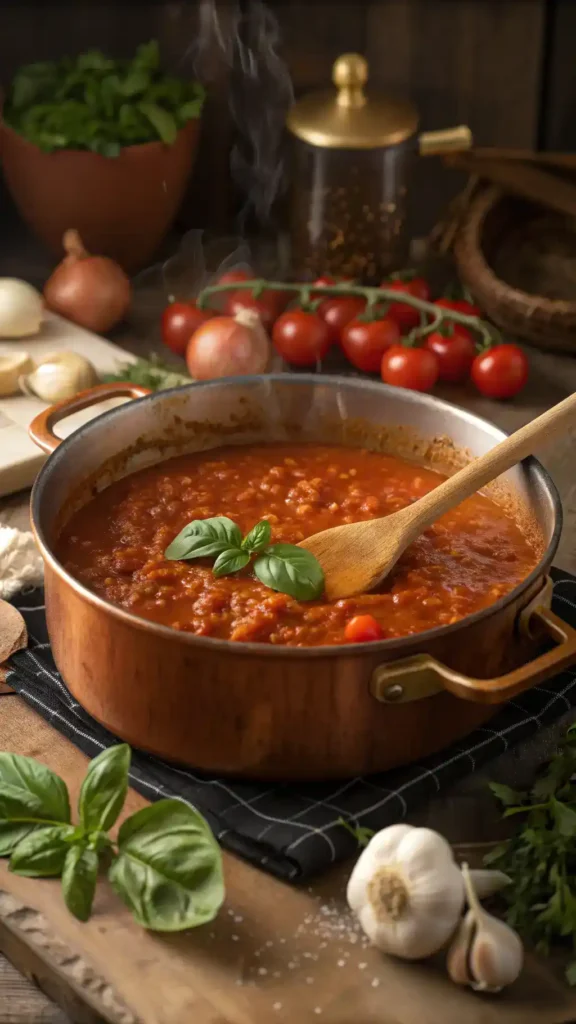 A pot of ragu sauce simmering on the stove with fresh ingredients around it.