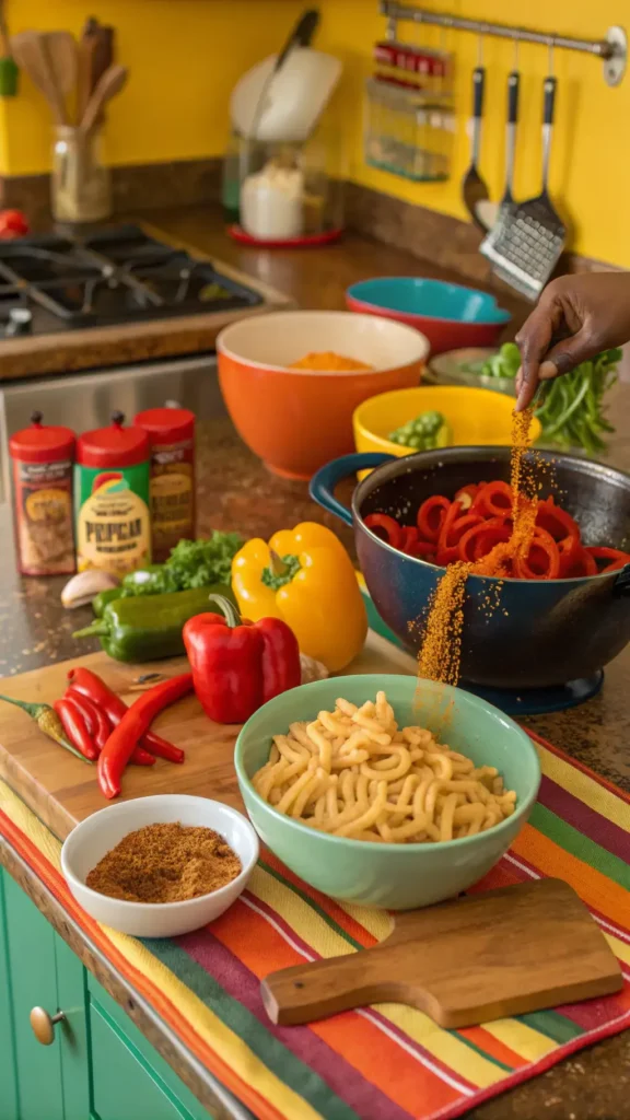 A colorful Rasta Pasta being prepared with fresh vegetables and creamy sauce.