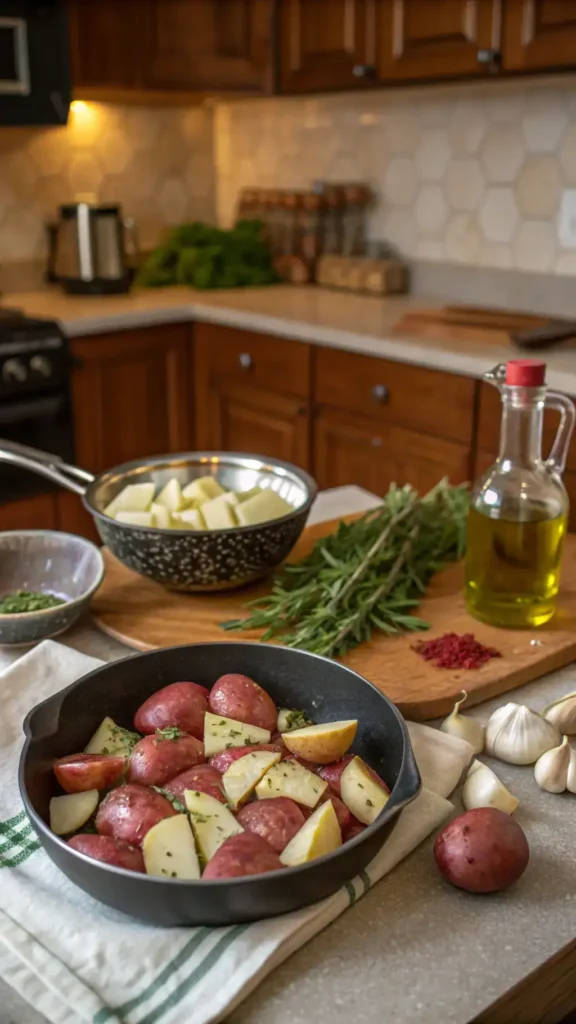 Step-by-step process of making red potato dishes with ingredients laid out.