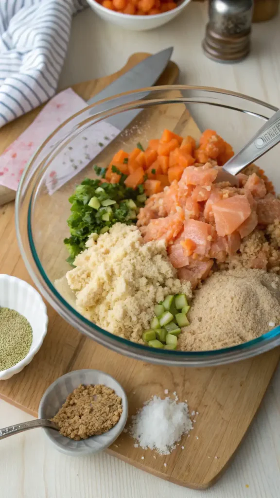 A step-by-step guide to making salmon croquettes, featuring ingredients and preparation steps.