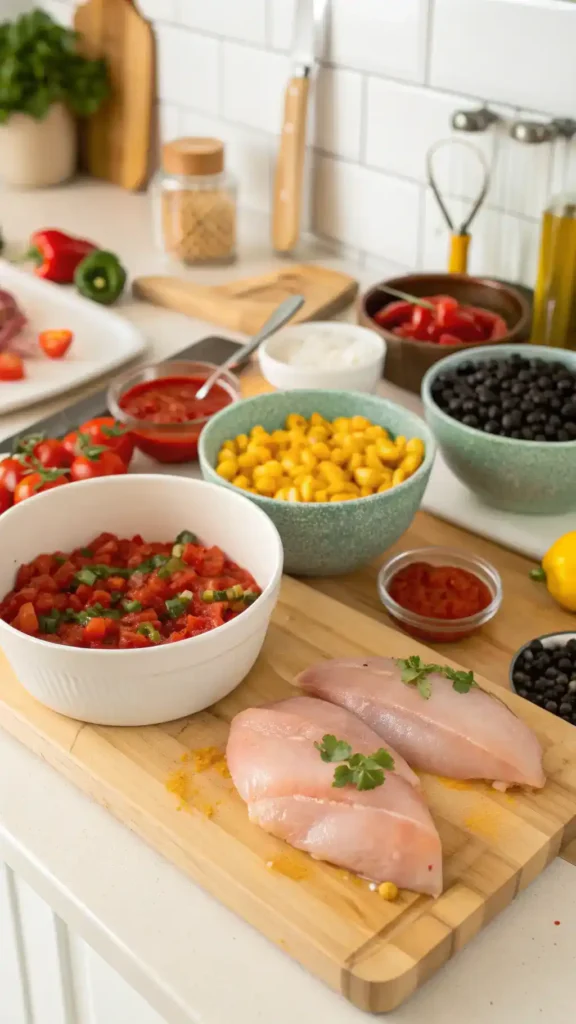A step-by-step guide to making salsa chicken, showcasing ingredients and preparation steps.