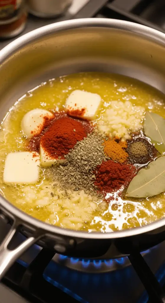 A saucepan with melted butter, garlic, and spices being sautéed for seafood boil sauce.