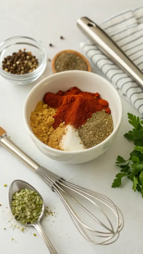 A collection of spices used for making shawarma seasoning, including cumin, coriander, and paprika, arranged in a small bowl with measuring spoons.