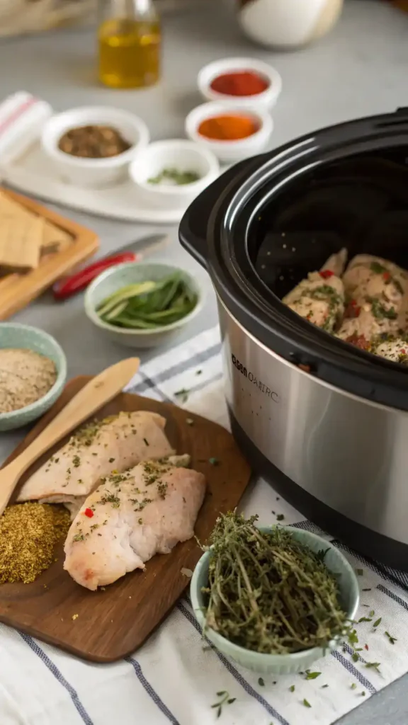 Step-by-step process of making shredded chicken with ingredients and cooking equipment.
