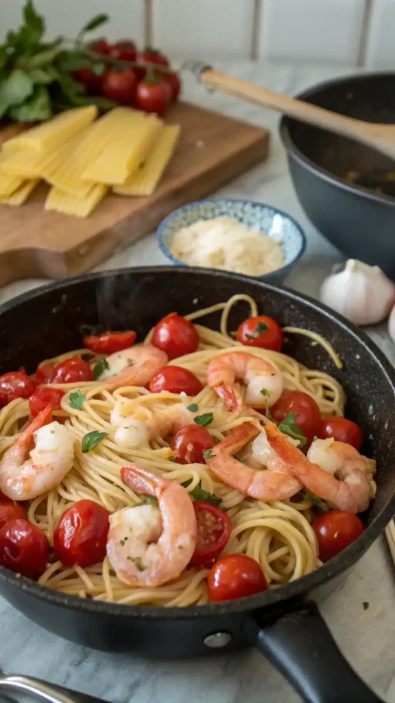 A step-by-step cooking process of Shrimp and Burst Cherry Tomato Pasta, showcasing ingredients and cooking techniques.