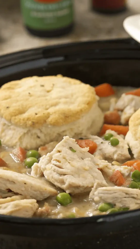 Ingredients and steps for making Slow Cooker Chicken Pot Pie, including chicken, vegetables, and biscuit dough.
